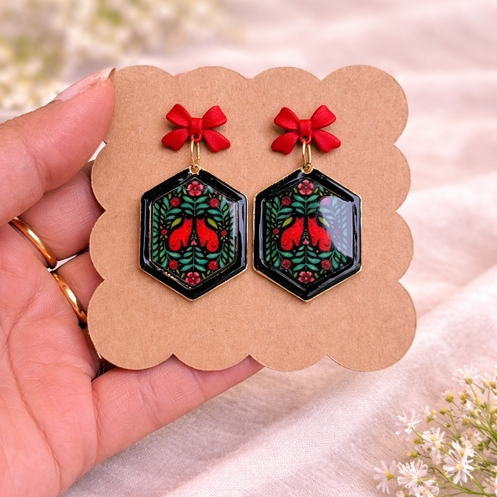 Scarlet Folk Bow Drops Earrings - Quirky Jewellery