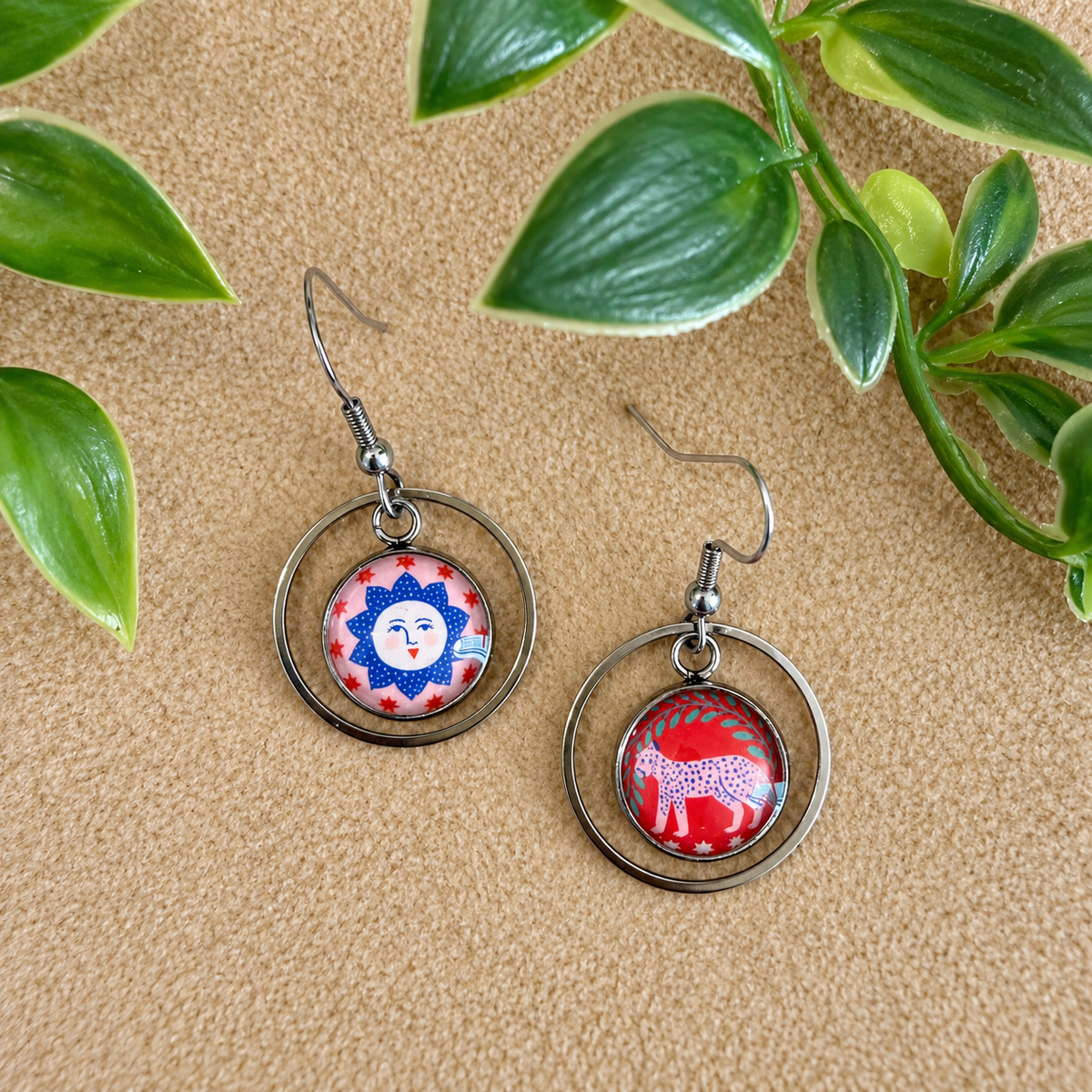 Mystic Sun & Wild Leopard Silver Stainless Steel Earrings (AT02)