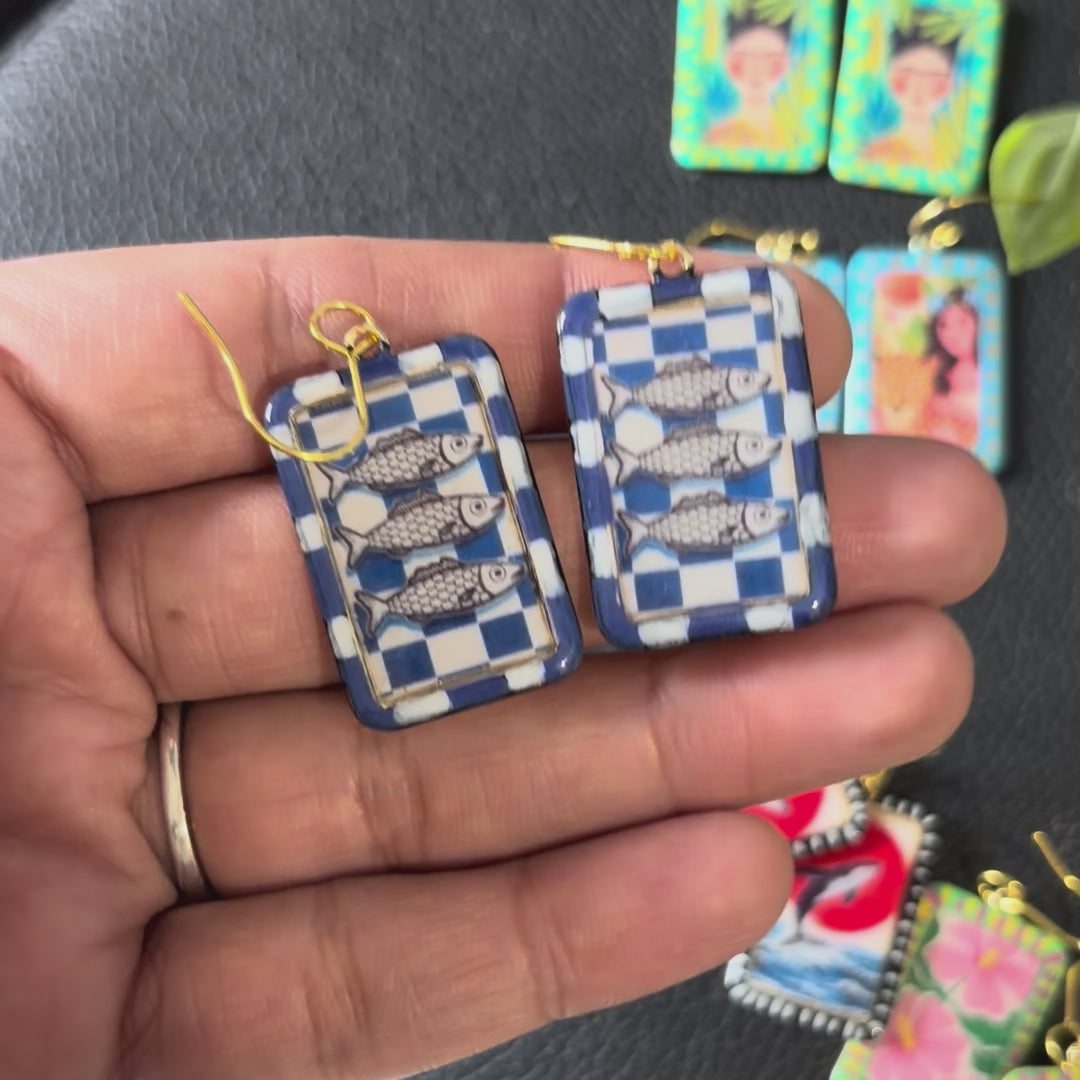 Load video: Blue Fish Art Earrings